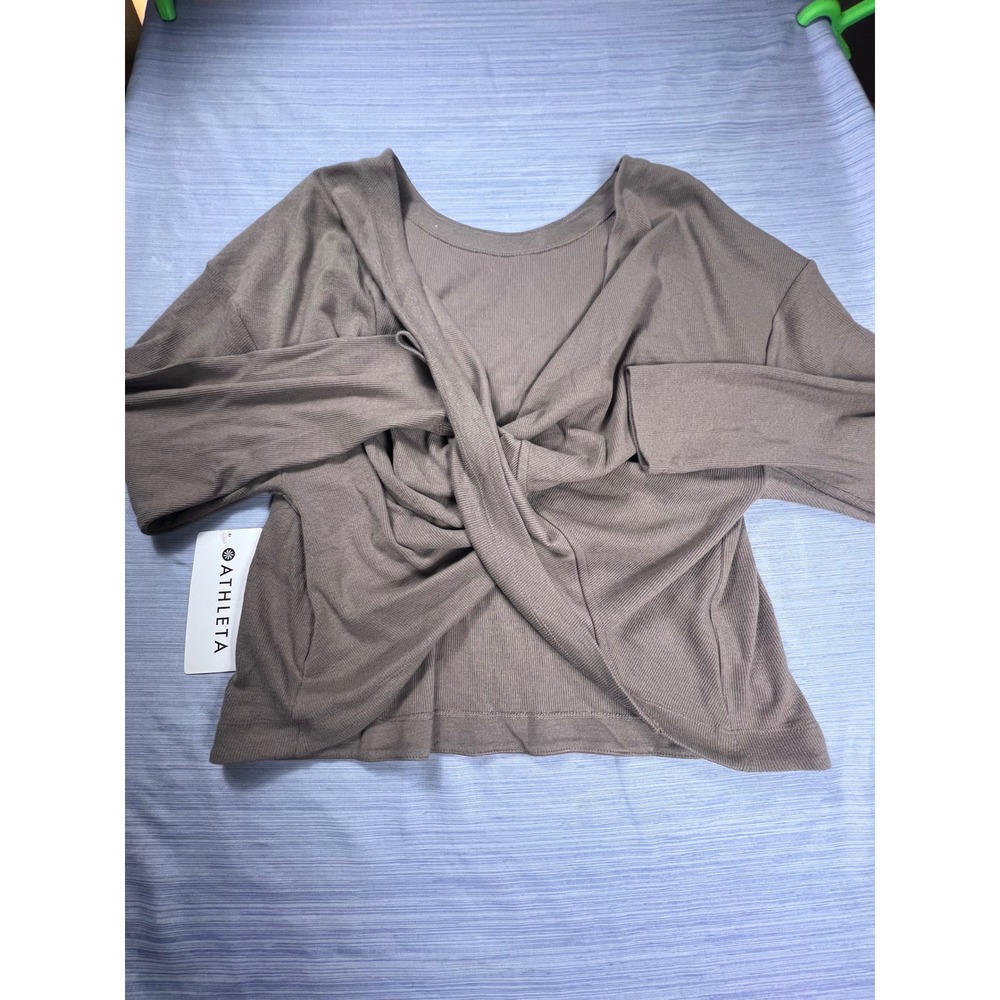 Athleta Womens XL Twist Front Ribbed Long Sleeve Top Taupe Cotton Modal Blend